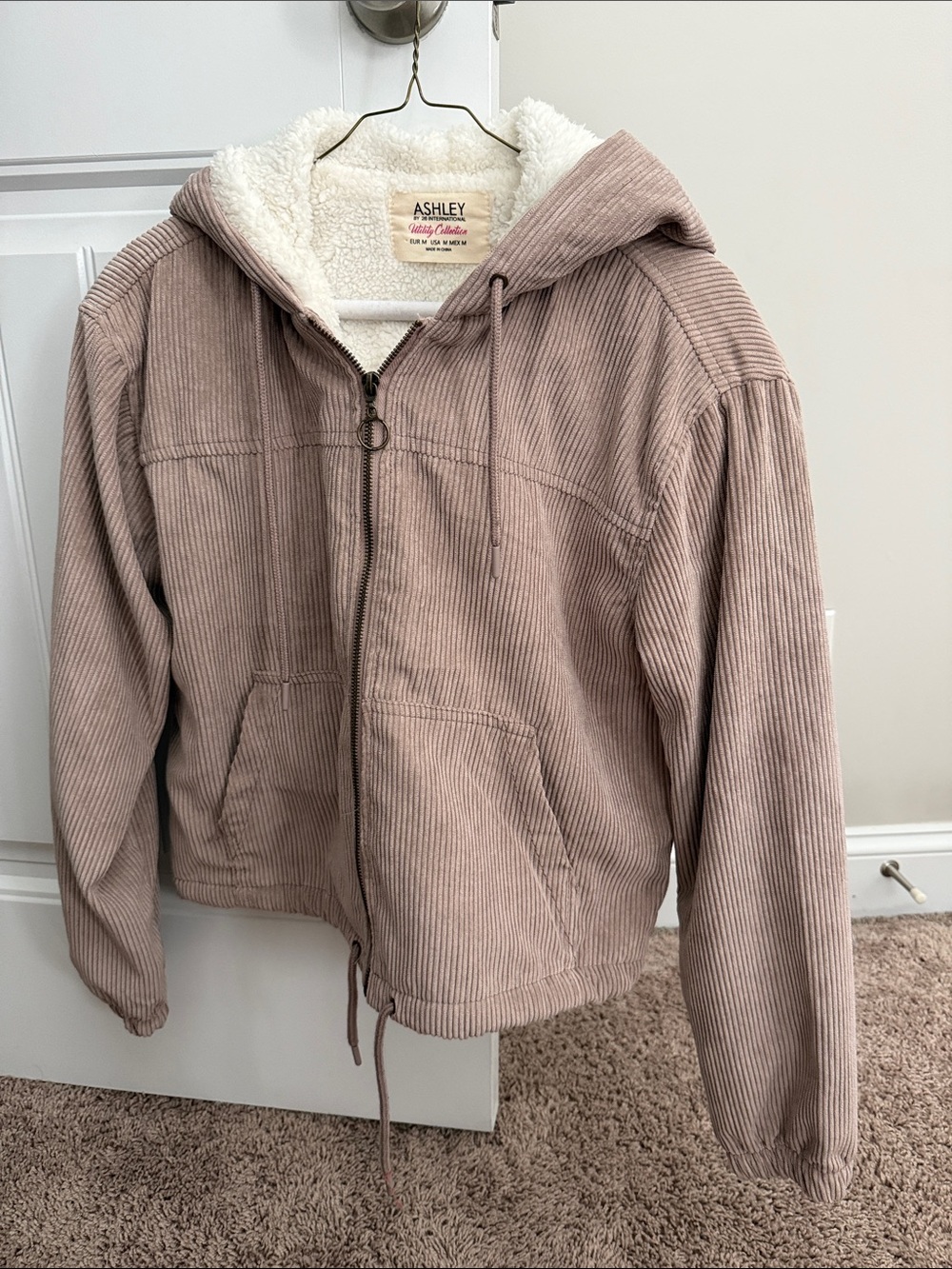 Ashley By 26 International Dusty Rose Corduroy Sherpa-Lined Hooded Jacket